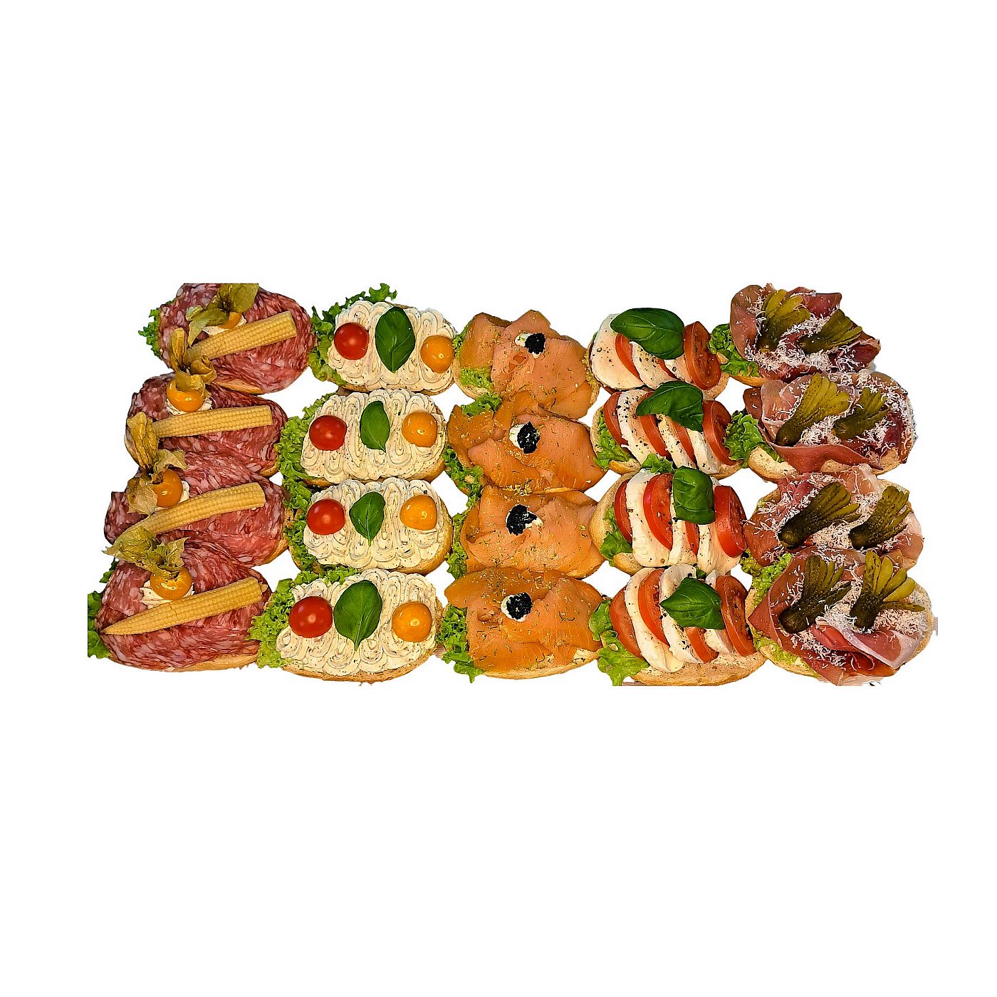 Vielfältig belegte halbe Semmeln mit Salami, Frischkäse, Lachs, Mozzarella-Tomate und Serrano-Schinken für Catering und Events